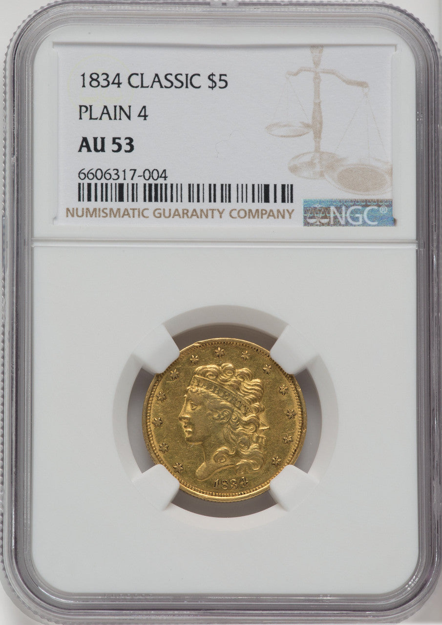 1834 $5 PLAIN 4 Classic Half Eagle NGC AU53