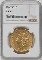 1862-S $20 Liberty Double Eagle NGC AU55