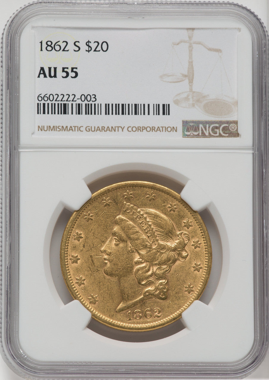 1862-S $20 Liberty Double Eagle NGC AU55