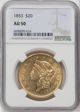 1853 $20 Liberty Double Eagle NGC AU50