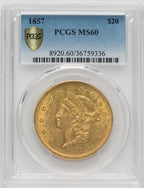 1857 $20 Liberty Double Eagle PCGS MS60