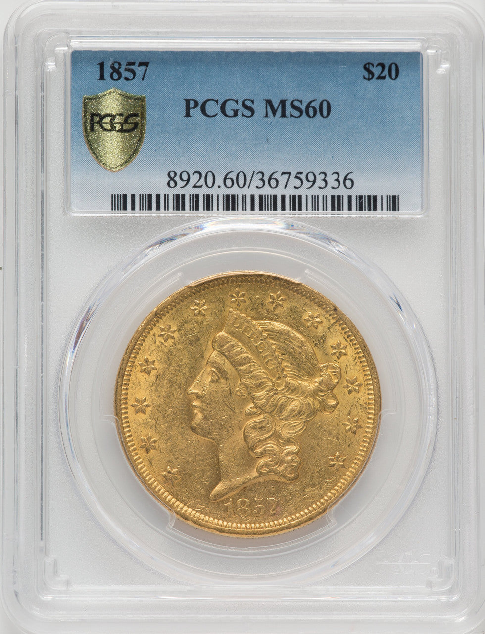 1857 $20 Liberty Double Eagle PCGS MS60
