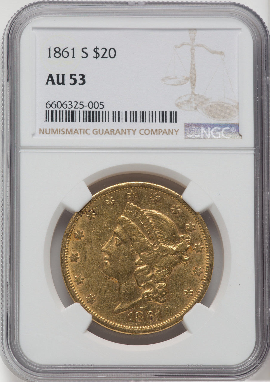 1861-S $20 Liberty Double Eagle NGC AU53