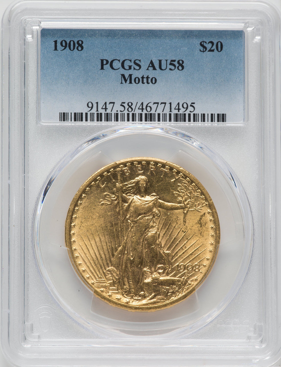 1908 $20 MOTTO Saint-Gaudens Double Eagle PCGS AU58