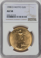 1908-D $20 MOTTO Saint-Gaudens Double Eagle NGC AU58