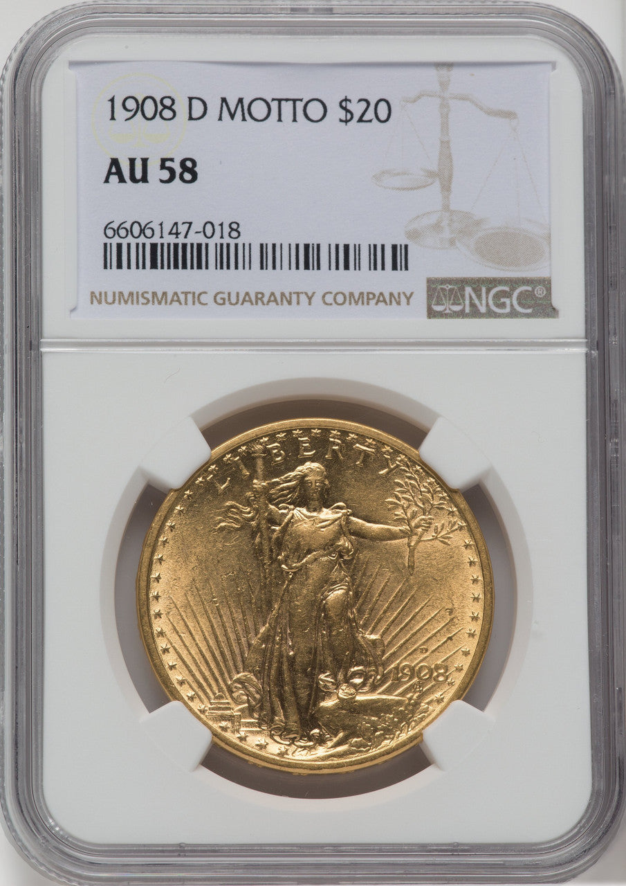 1908-D $20 MOTTO Saint-Gaudens Double Eagle NGC AU58