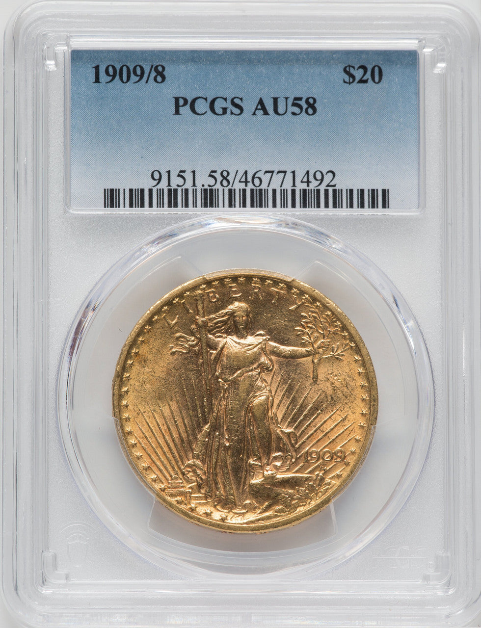 1909/8 $20 Saint-Gaudens Double Eagle PCGS AU58