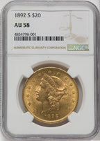 1892-S $20 Liberty Double Eagle NGC AU58