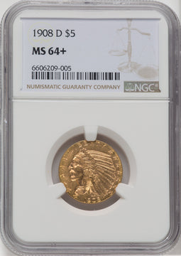 1908-D $5 Indian Half Eagle NGC MS64+