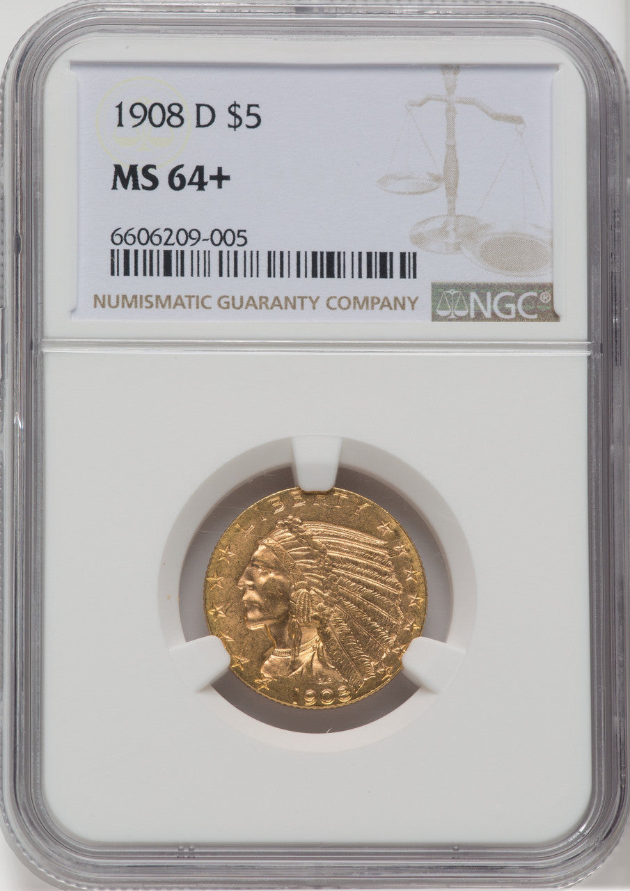 1908-D $5 Indian Half Eagle NGC MS64+