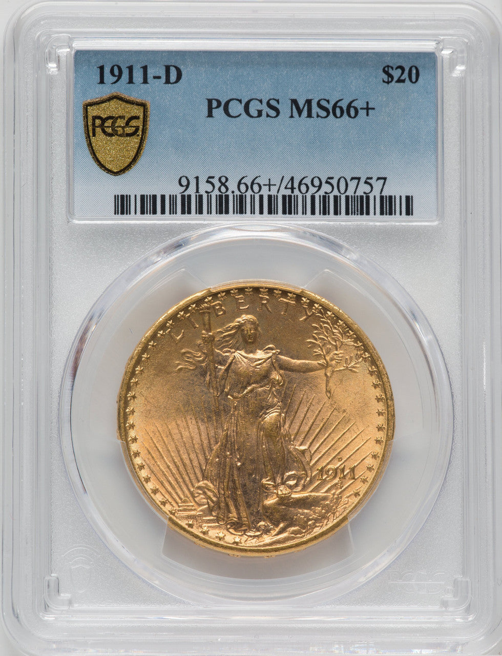 1911-D $20 Saint-Gaudens Double Eagle PCGS MS66+