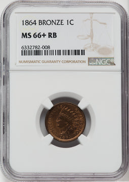 1864 Bronze No L RB NGC Plus Indian Cent NGC MS66+