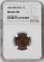 1864 Bronze No L RB NGC Plus Indian Cent NGC MS66+