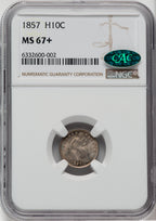 1857 H10C CAC NGC Plus Seated Half Dime NGC MS67+