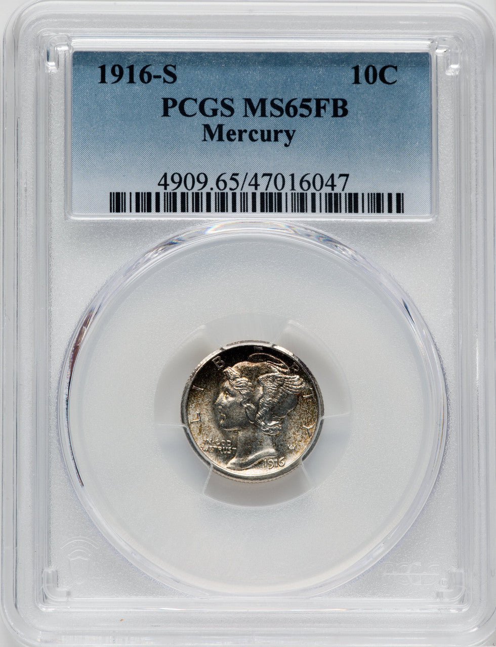 1916-S 10C Mercury FB Mercury Dime PCGS MS65