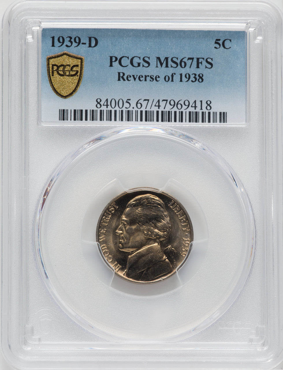 1939-D Reverse of 1938 5C FS Jefferson Nickel PCGS MS67