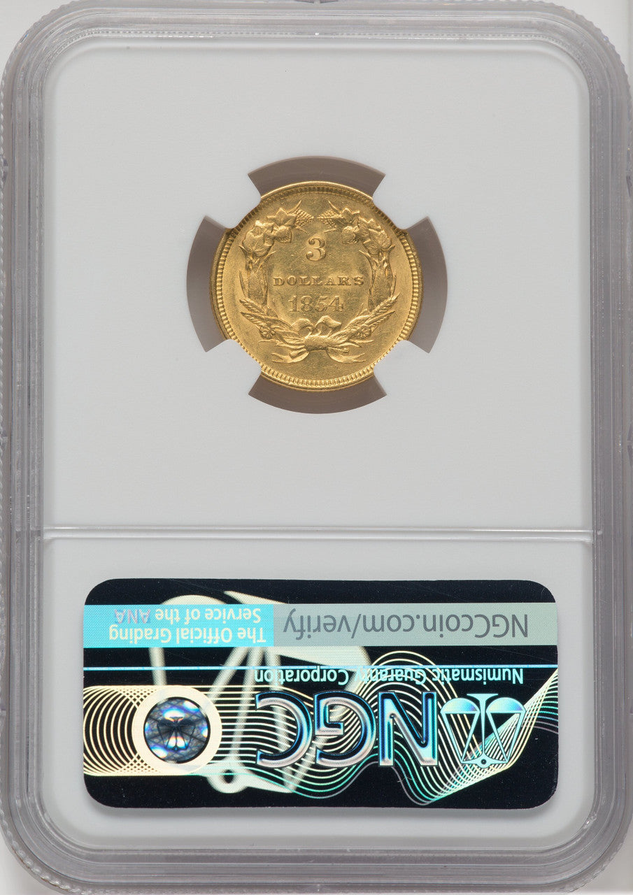 1854 $3 Three Dollar Gold Pieces NGC AU58