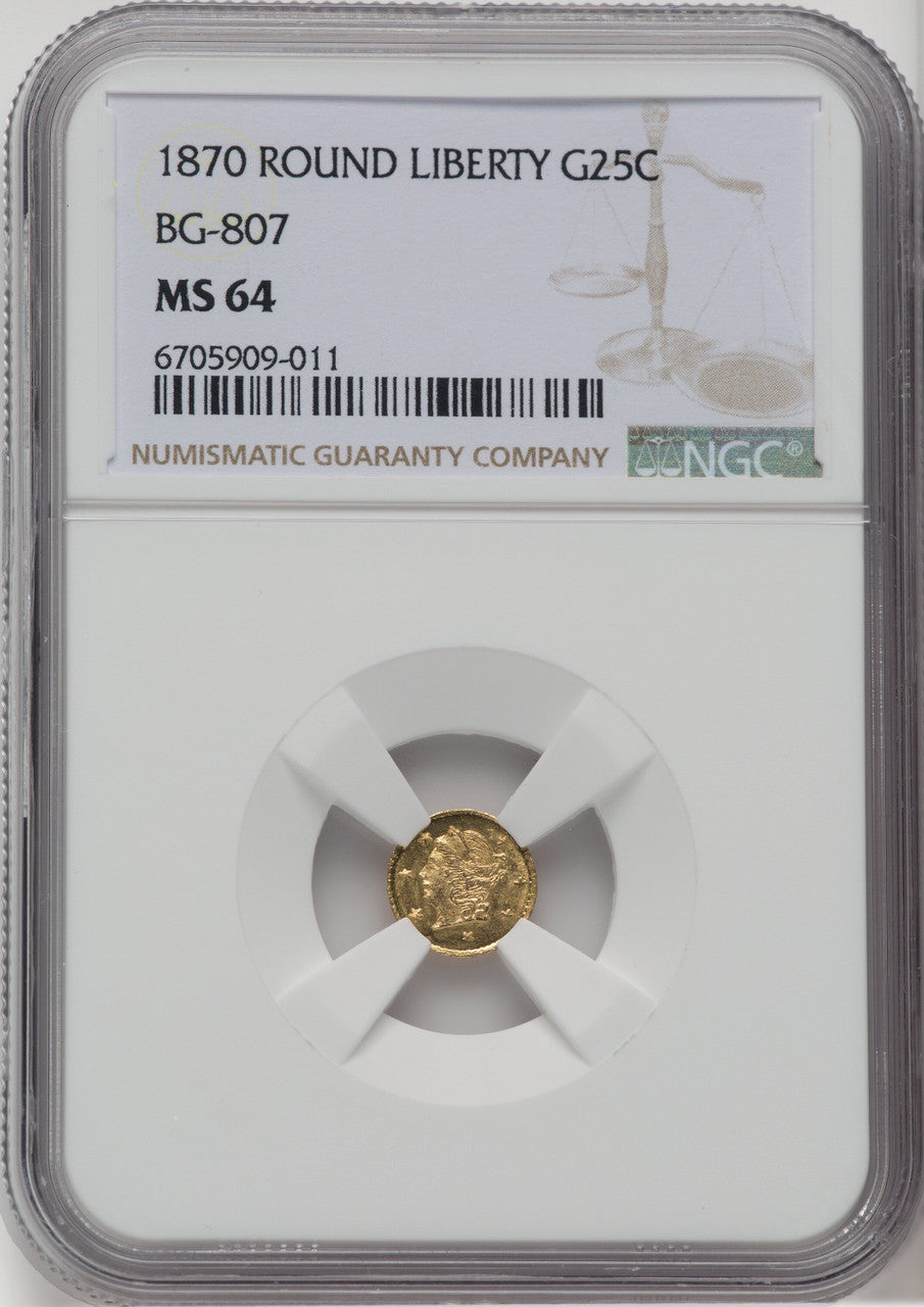 1870 Liberty Round 25 Cents BG-807 Low R.7 California Fractional Gold NGC MS64