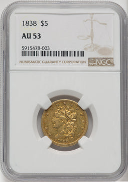 1838 $5 Classic Half Eagle NGC AU53