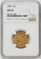 1857 $5 Liberty Half Eagle NGC AU53