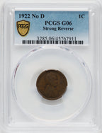1922 No D Strong Reverse BN Lincoln Cent PCGS G6