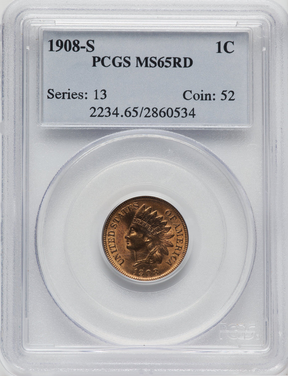 1908-S 1C RD Indian Cent PCGS MS65