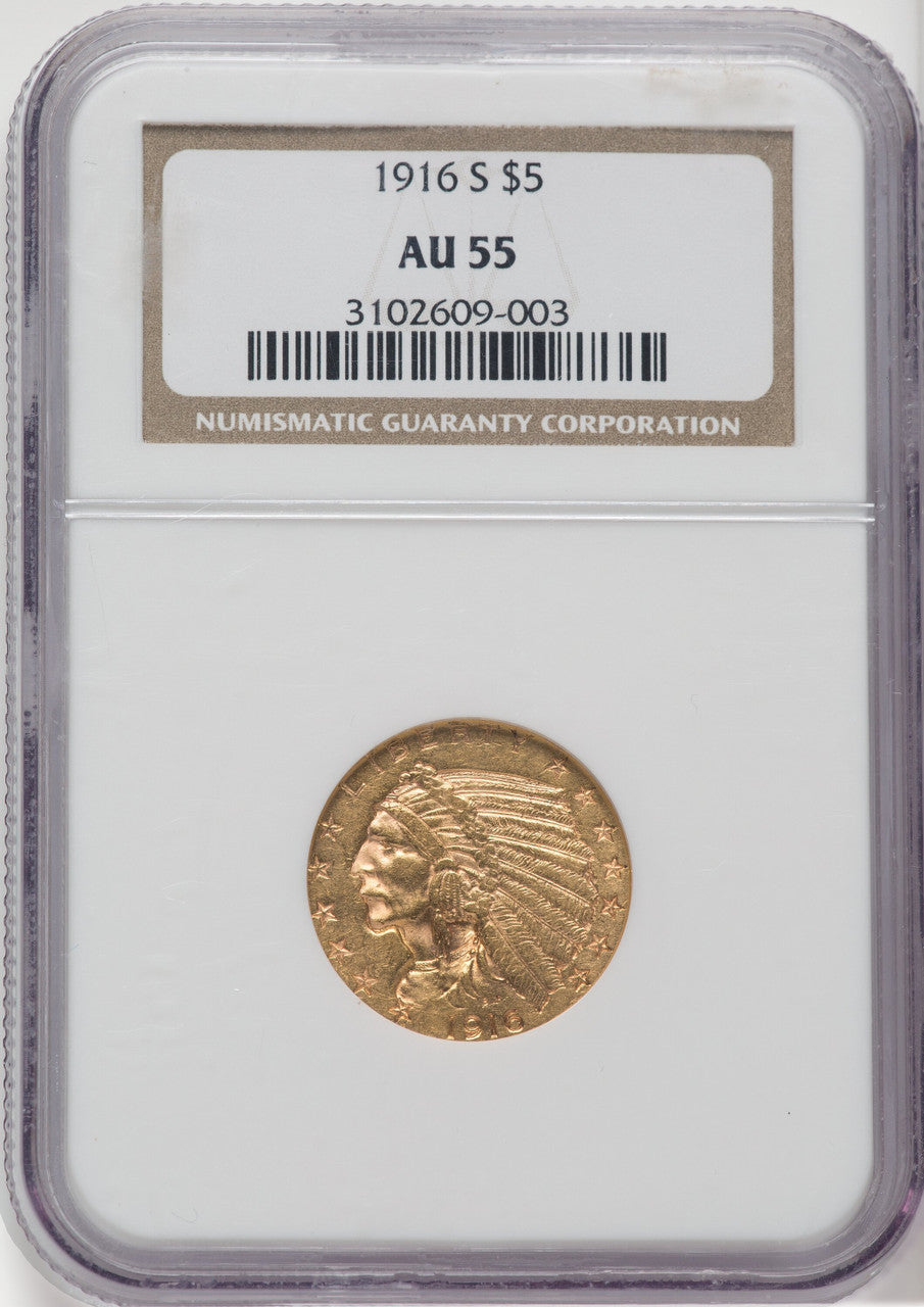 1916-S $5 Indian Half Eagle NGC AU55