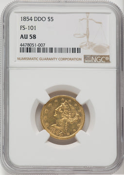 1854 $5 FS-101 DDO Liberty Half Eagle NGC AU58