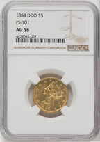 1854 $5 FS-101 DDO Liberty Half Eagle NGC AU58