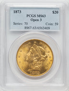 1873 $20 OPEN 3 Liberty Double Eagle PCGS MS63