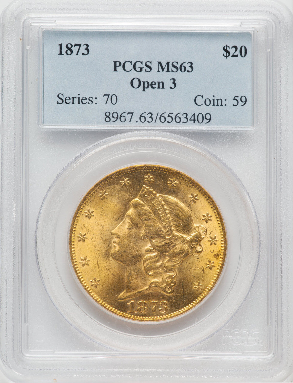 1873 $20 OPEN 3 Liberty Double Eagle PCGS MS63