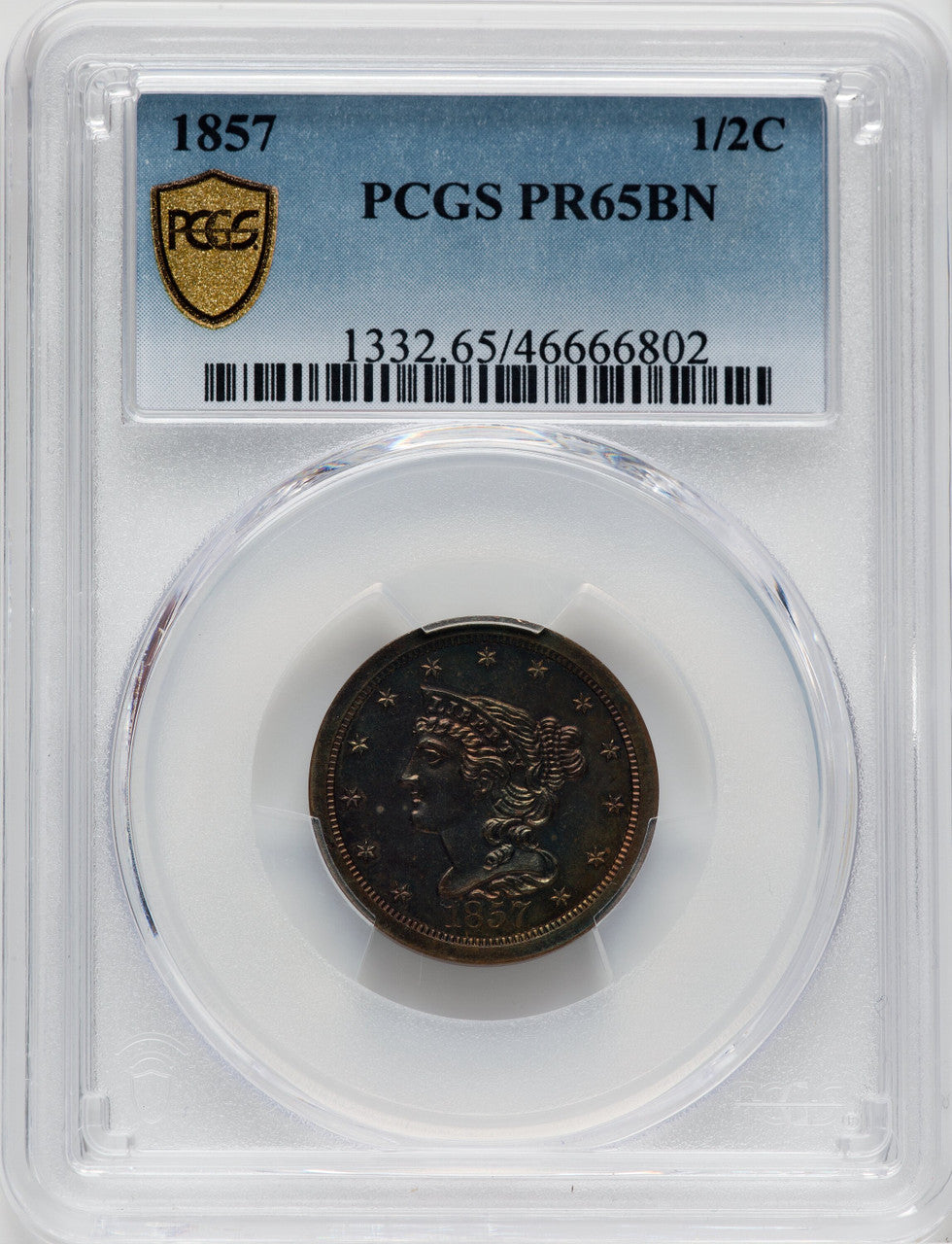 1857 1/2 C BN Proof Half Cent PCGS PR65