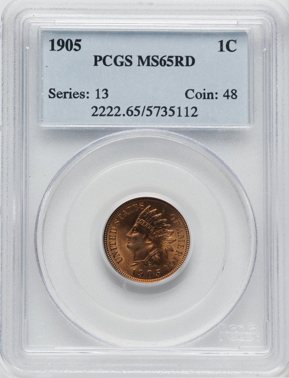 1905 1C RD Indian Cent PCGS MS65