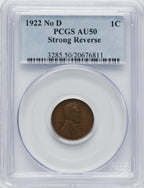 1922 No D Strong Reverse BN Lincoln Cent PCGS AU50