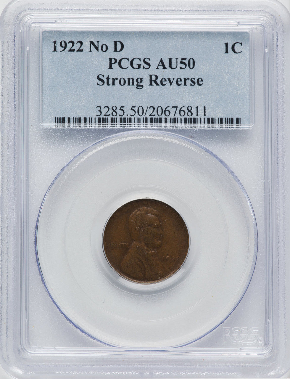 1922 No D Strong Reverse BN Lincoln Cent PCGS AU50