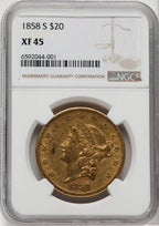 1858-S $20 Liberty Double Eagle NGC XF45