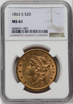 1863-S $20 Liberty Double Eagle NGC MS61