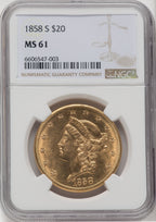 1858-S $20 Liberty Double Eagle NGC MS61
