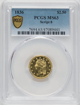 1836 $2.50 Script 8 Classic Quarter Eagle PCGS MS63