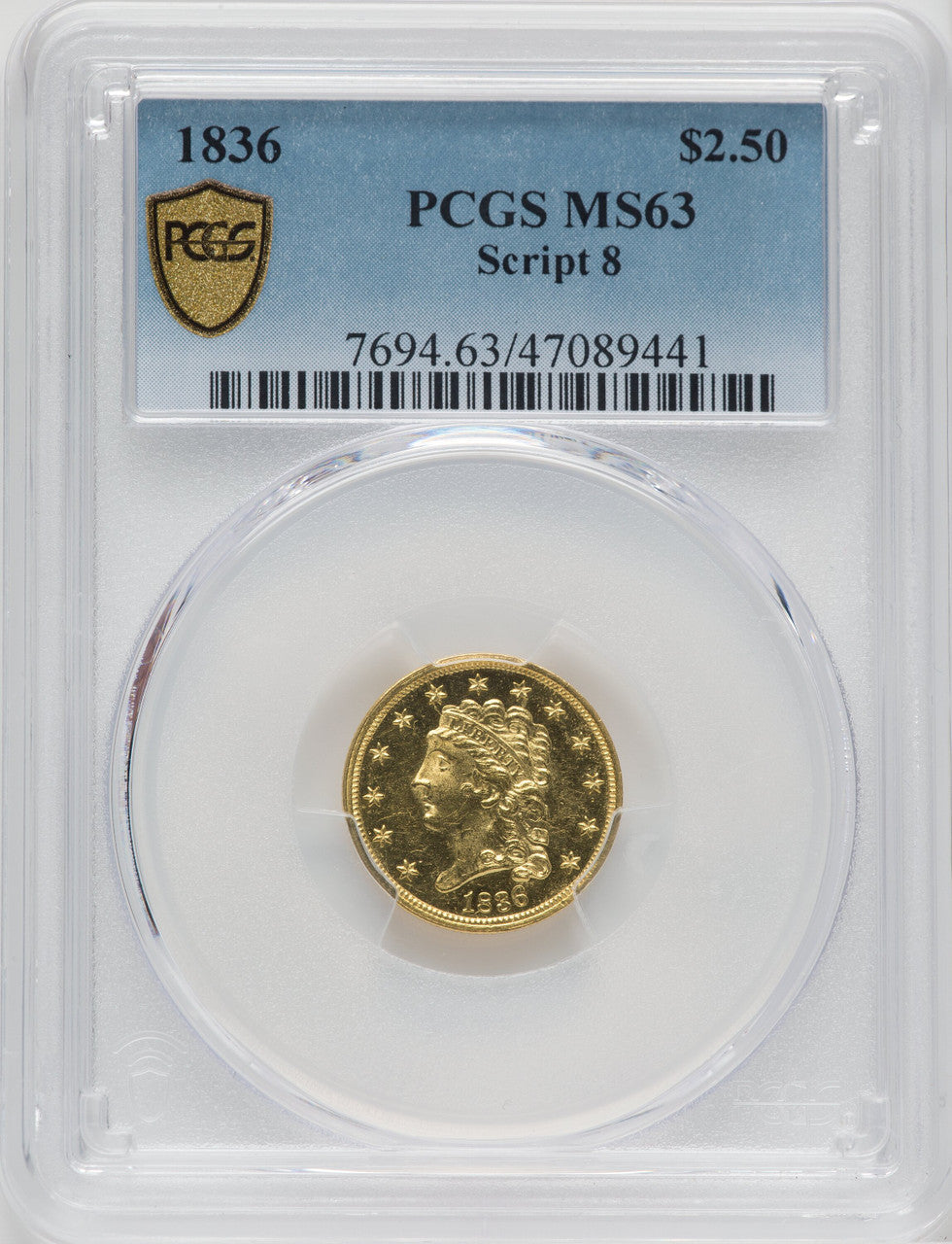 1836 $2.50 Script 8 Classic Quarter Eagle PCGS MS63