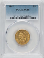 1847 $5 Liberty Half Eagle PCGS AU58