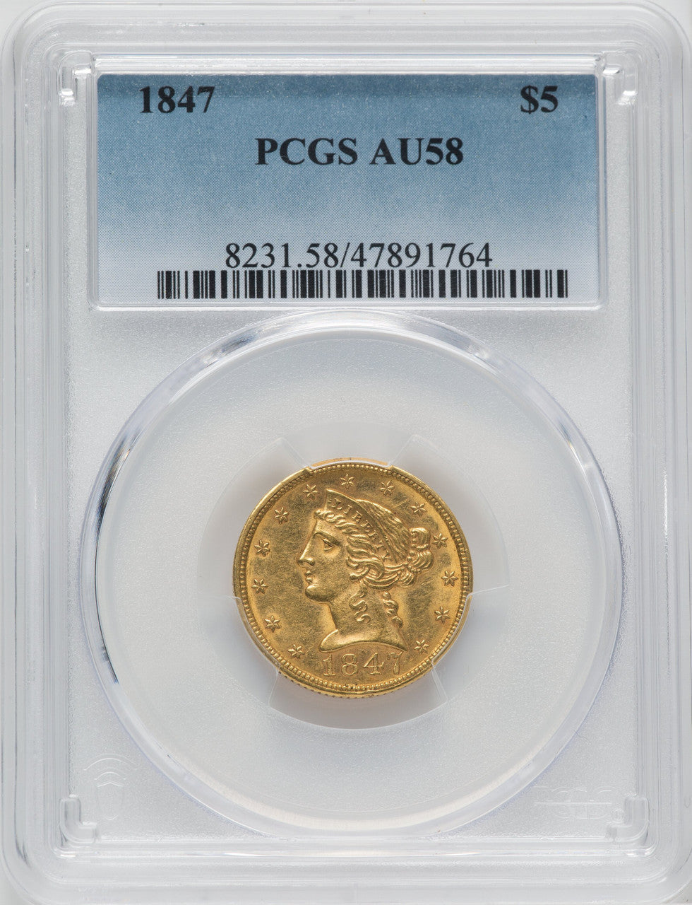 1847 $5 Liberty Half Eagle PCGS AU58