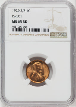 1929 S/S 1C FS-501 RD Lincoln Cent NGC MS65