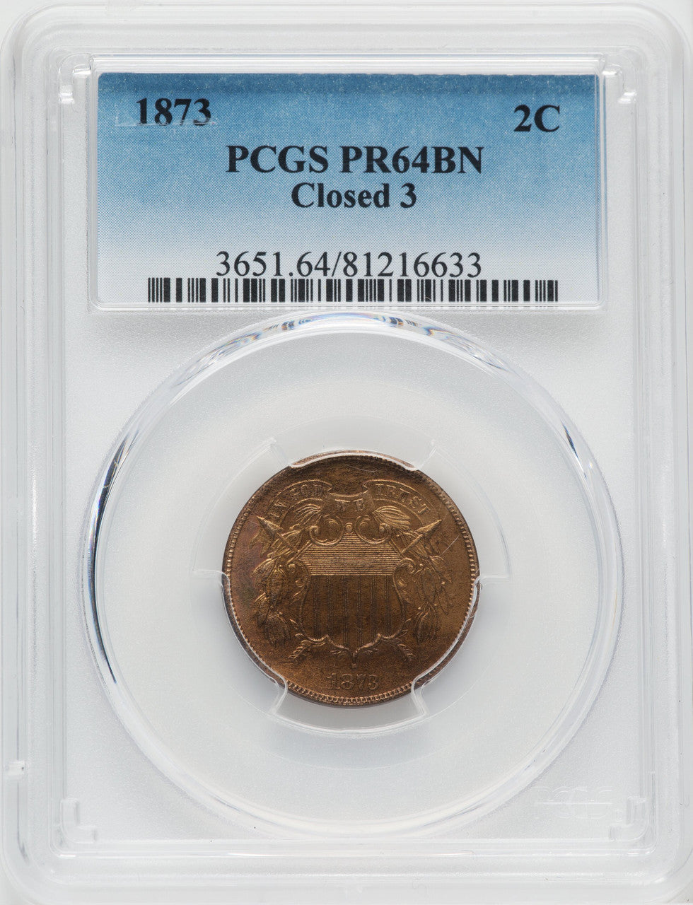 1873 2C CLOSED 3 BN Proof Two Cent Pieces PCGS PR64