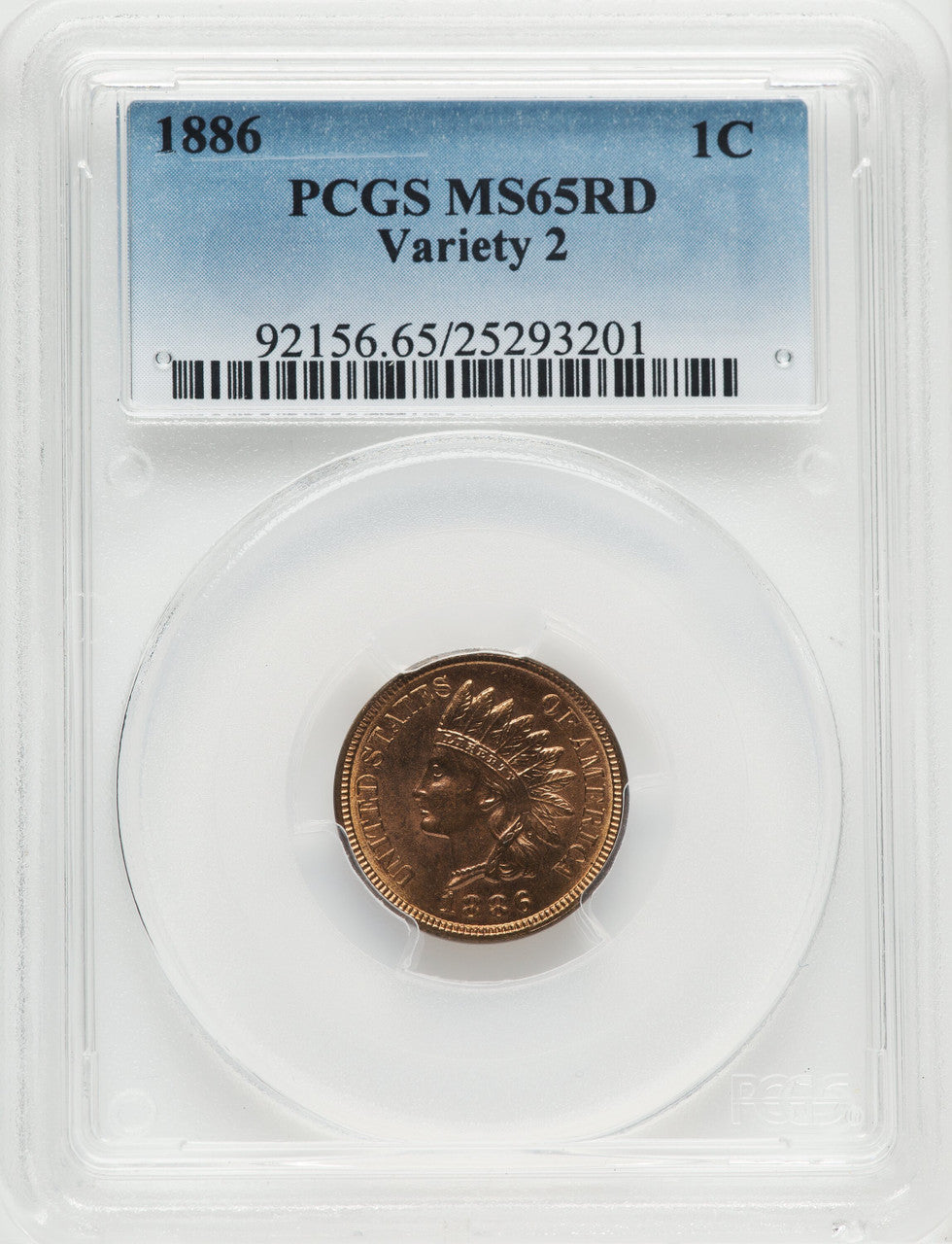 1886 1C Type Two RD Indian Cent PCGS MS65