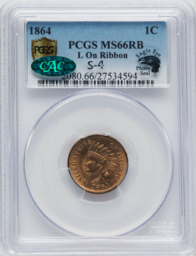 1864 1C L On Ribbon RB CAC Indian Cent PCGS MS66