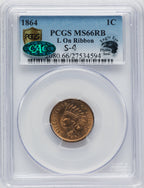 1864 1C L On Ribbon RB CAC Indian Cent PCGS MS66