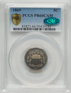 1869 5C CA CAC Proof Shield Nickel PCGS PR66