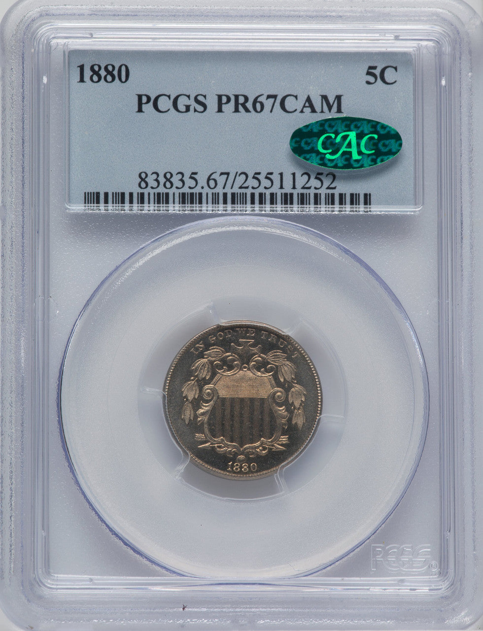 1880 5C CA CAC Proof Shield Nickel PCGS PR67