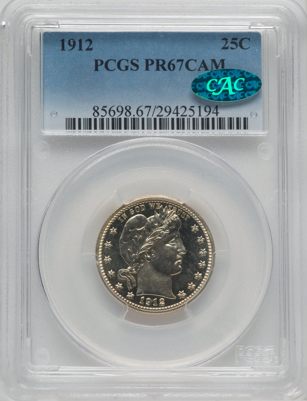 1912 25C CA CAC Proof Barber Quarter PCGS PR67
